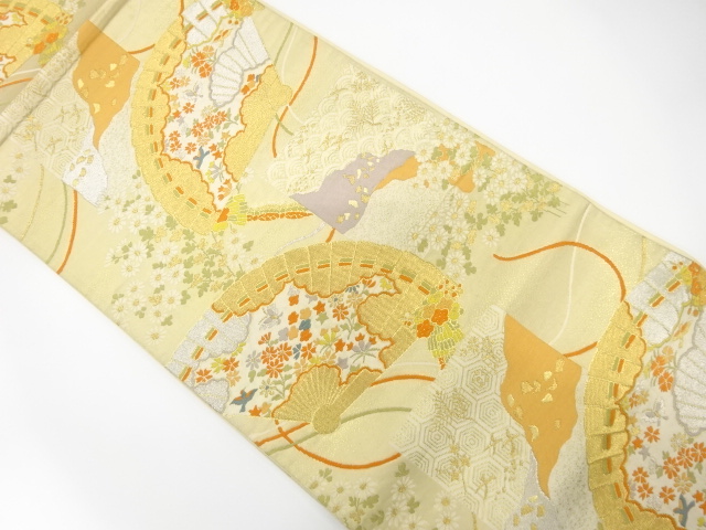 JAPANESE KIMONO / ANTIQUE FUKURO OBI / SILK / WOVEN FOLDING FAN & FLORAL PLANTS & BUTTERFLY